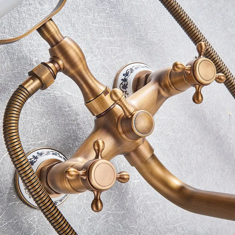 Decorbites antique brass shower mixer tap with ornate cross handles and 30cm spout rotation for bath and shower