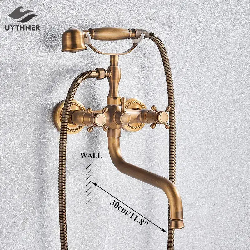 Decorbites™ antique brass wall mount shower mixer tap with ornate handles and 30cm spout rotation