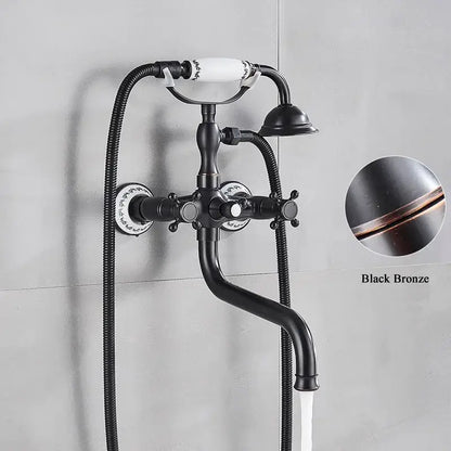 DecorBites™ antique brass shower mixer tap with black bronze vintage design white ceramic handles and 30cm spout rotation