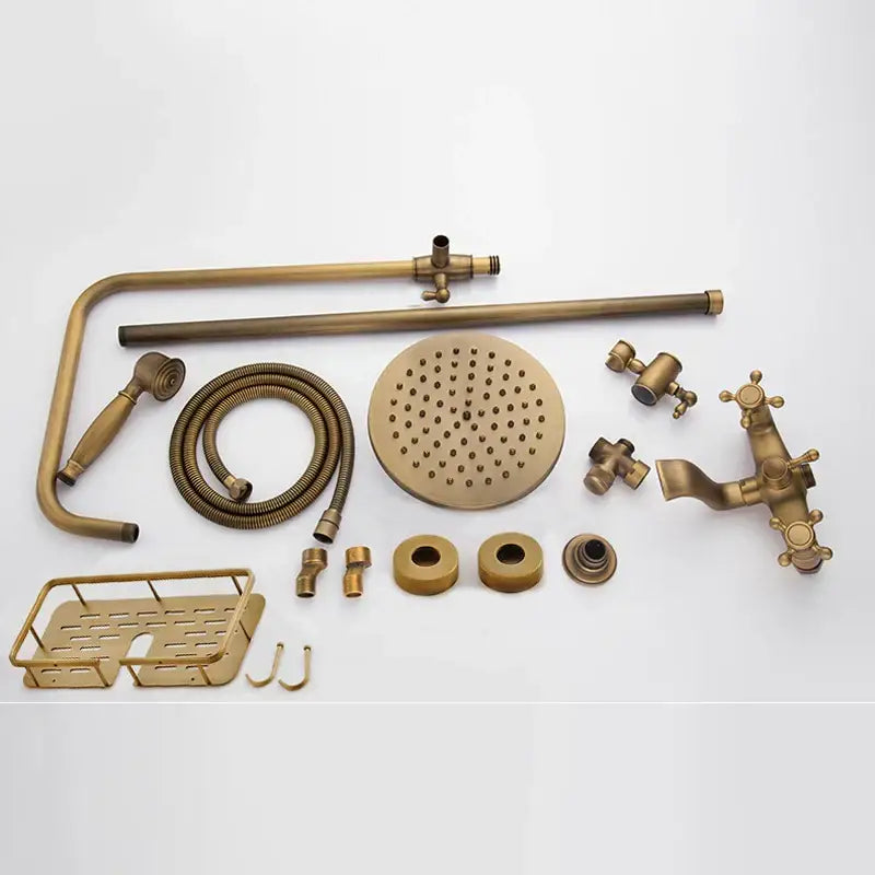 Brass-finished decorbites™ antique brass wall mount bathtub shower faucet with dual handle and round rainhead sprayer