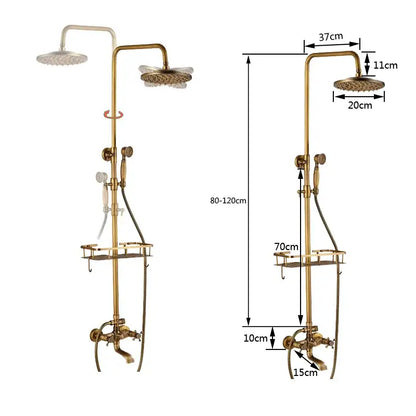 DecorBites antique brass wall mount bathtub shower faucet with dual handle, rainhead, handheld spray, and integrated shelf