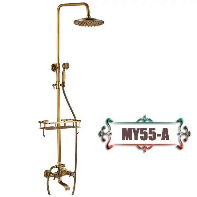 Decorbites antique brass wall mount bathtub shower faucet with dual handle, round rainhead, handheld spray, and shelf