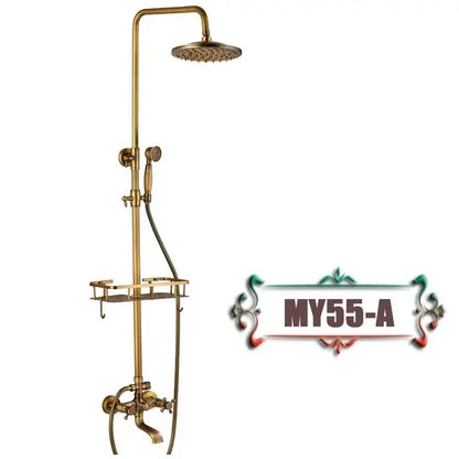 Decorbites antique brass wall mount bathtub shower faucet with dual handle, round rainhead, handheld spray, and shelf