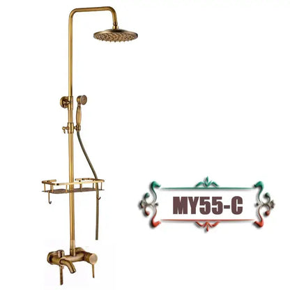 Decorbites antique brass wall mount dual handle bathtub shower faucet with round rainhead and handheld spray nozzle