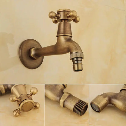 Decorbites antique brass wall mount bibcock garden faucet with a cross-handle and threaded connection for outdoor use