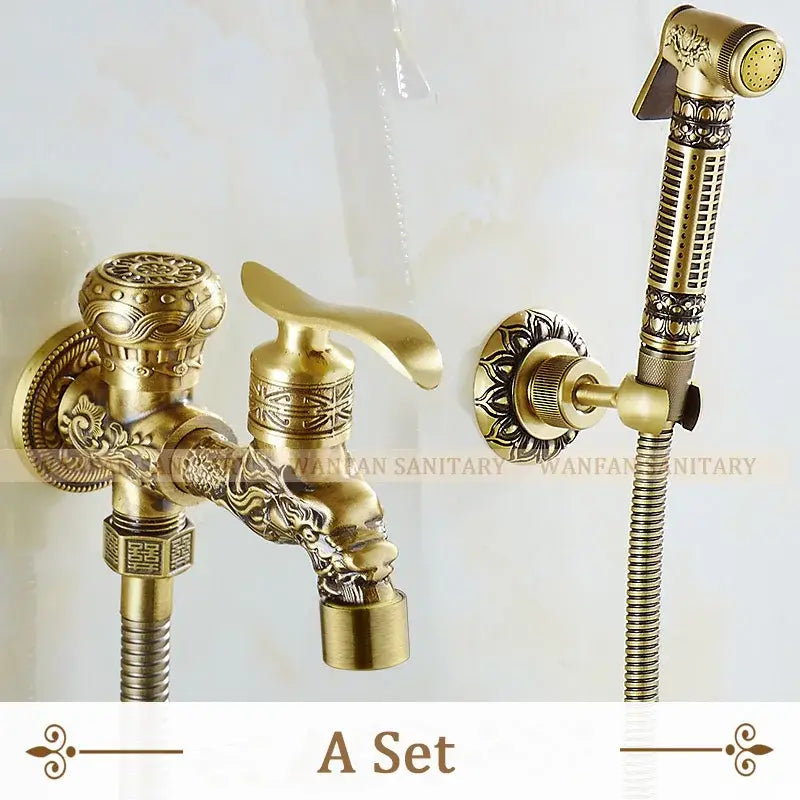 DecorBites™ antique brass wall mount bidet faucet set with ornate dragon head design and matching handheld showerhead