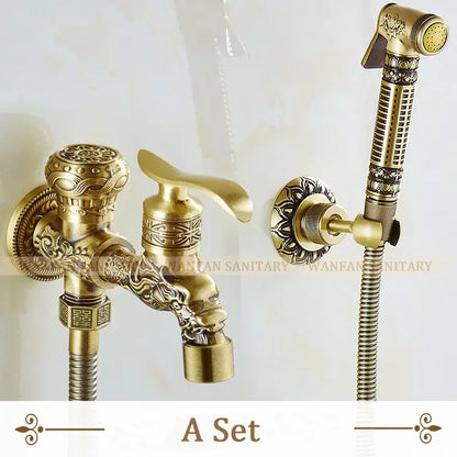 DecorBites™ antique brass wall mount bidet faucet set with ornate dragon head design and matching handheld showerhead