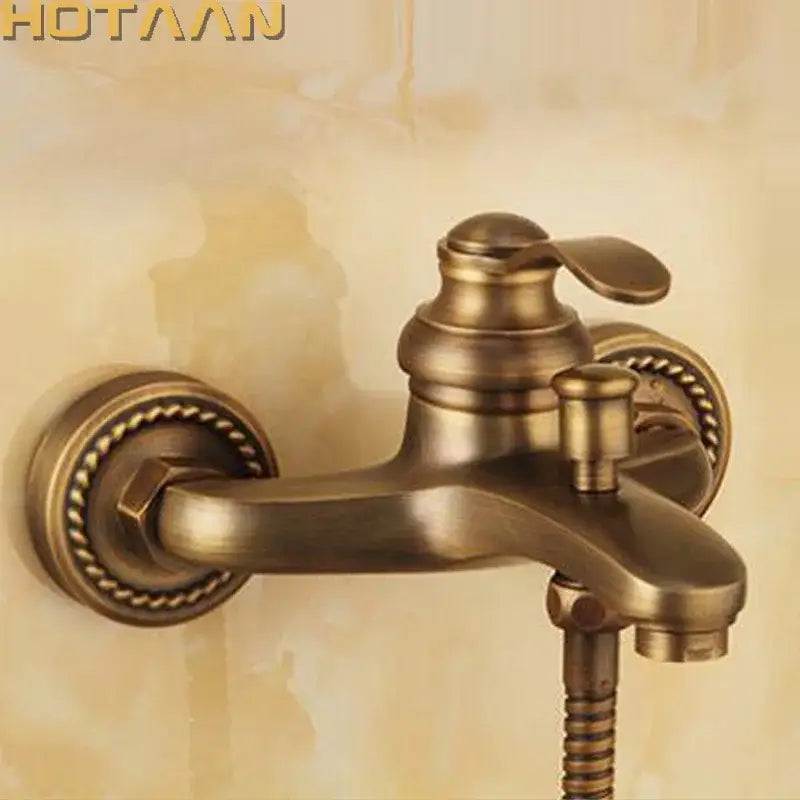 DecorBites™ antique brass wall mount shower head kit with ornate rope detailing and flexible hose for handheld use