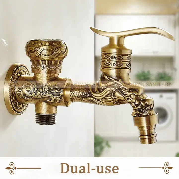 Brass wall mounted DecorBites™ antique brass wall bidet faucet with ornate dragon and floral embossing for indoor outdoor use