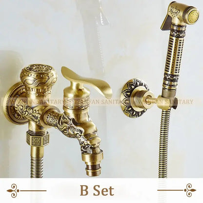 DecorBites antique brass wall mounted bidet faucet with ornate dragon head design and matching handheld showerhead