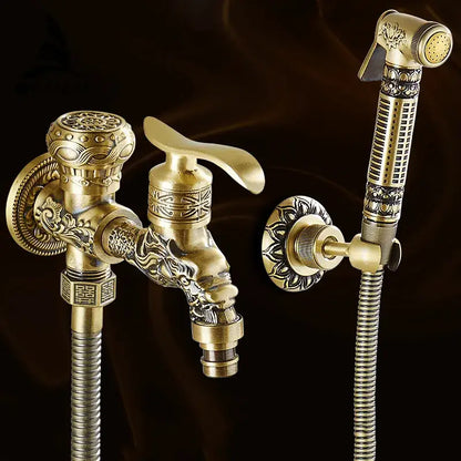 Decorbites antique brass wall mounted bidet faucet set with ornate dragon head and matching handheld showerhead in brass wall mounted finish