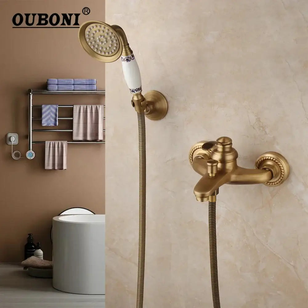 DecorBites antique brass wall mounted shower faucet set with handheld showerhead and ornate white ceramic handle