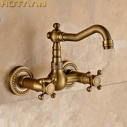 Decorbites antique brass wall mounted swivel kitchen faucet mixer tap with ornate cross handles and decorative rope detailing