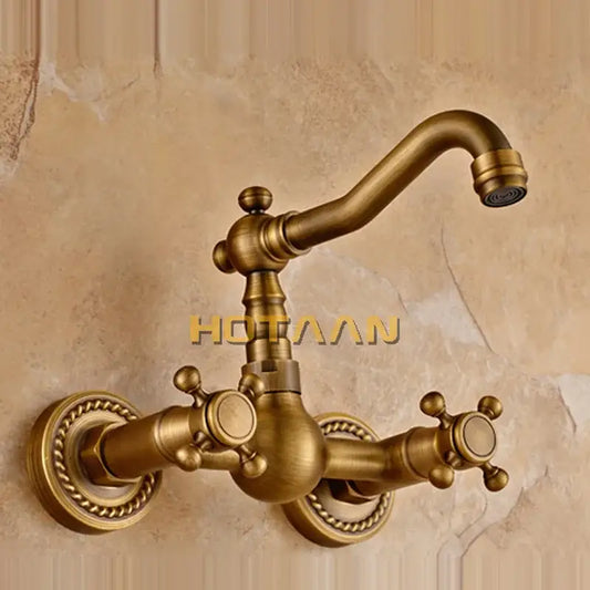 Decorbites antique brass wall mounted swivel kitchen faucet mixer tap with ornate twisted rope detailing and cross handles