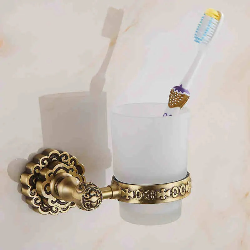 DecorBites antique brass wall mounted toothbrush holder with frosted glass cup for elegant bathroom décor