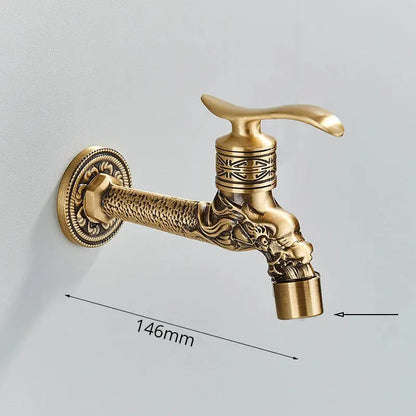Decorbites™ antique brass wall mounted washing machine faucet with ornate dragon head and intricate engraved patterns