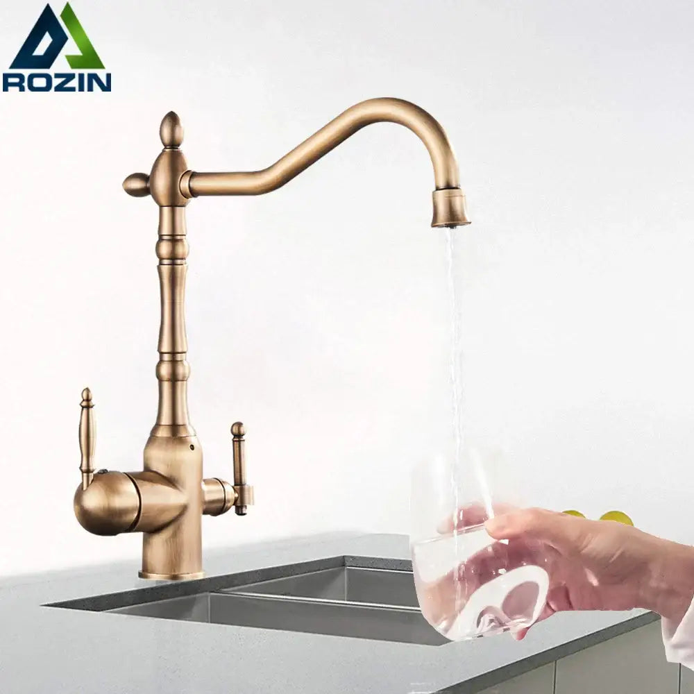 DecorBites™ antique brass water filtration kitchen faucet with dual handles and lead-free drinking sink faucet design