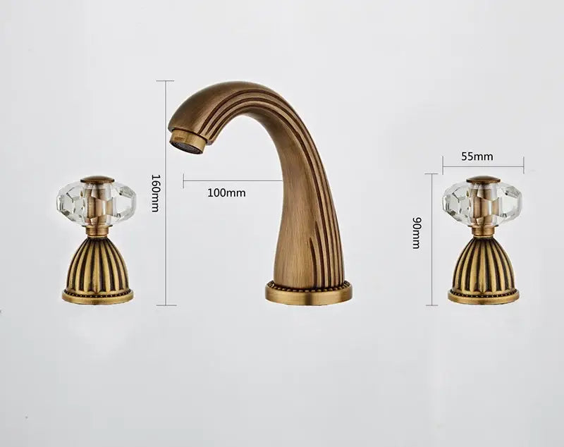 Decorbites antique bronze widespread basin faucet with antique brass finish crystal knob handles and curved spout