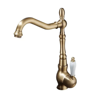 Decorbites™ antique bronze basin faucet with white ceramic handle and ornate vintage brass design for kitchen or bathroom