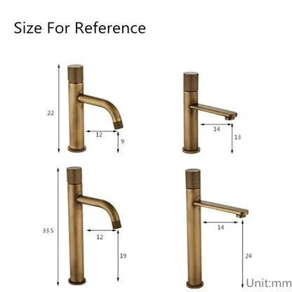 DecorBites™ antique bronze basin faucet with brass finish and single-handle mixer tap shown in four heights