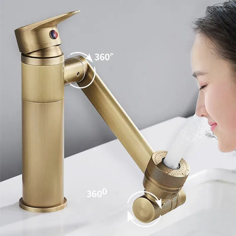 DecorBites™ antique bronze bathroom sink faucet with brass finish, 360-degree swivel spout, and adjustable spray nozzle