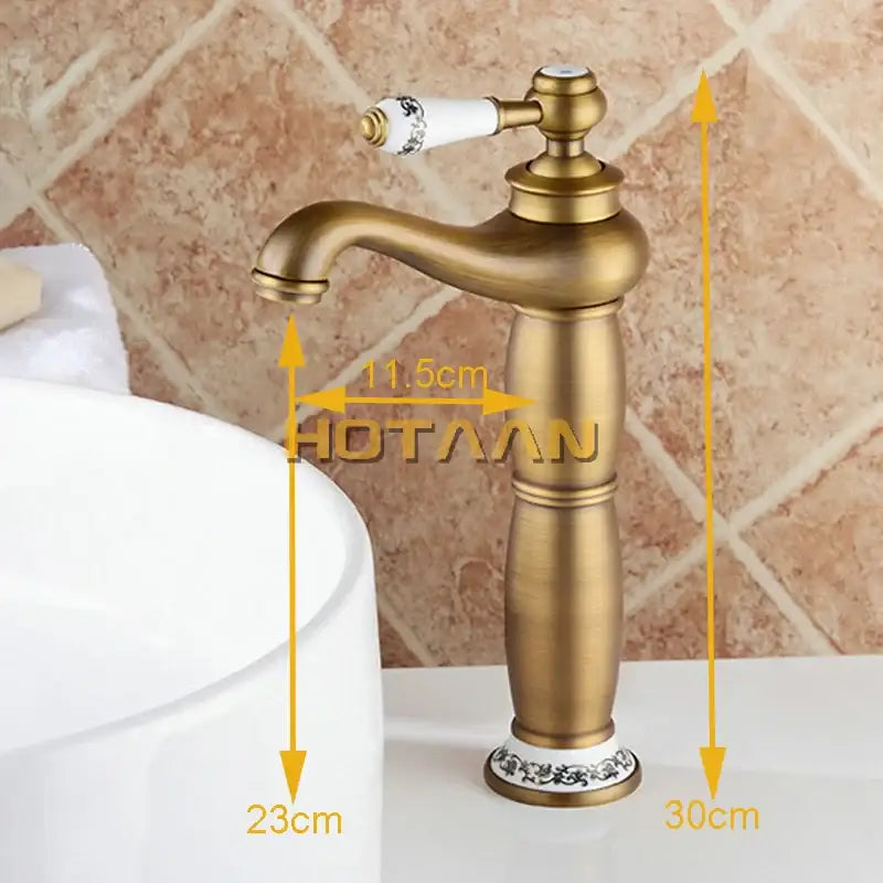 Decorbites antique bronze brass basin faucet with single white ceramic handle and black floral details luxury europe style