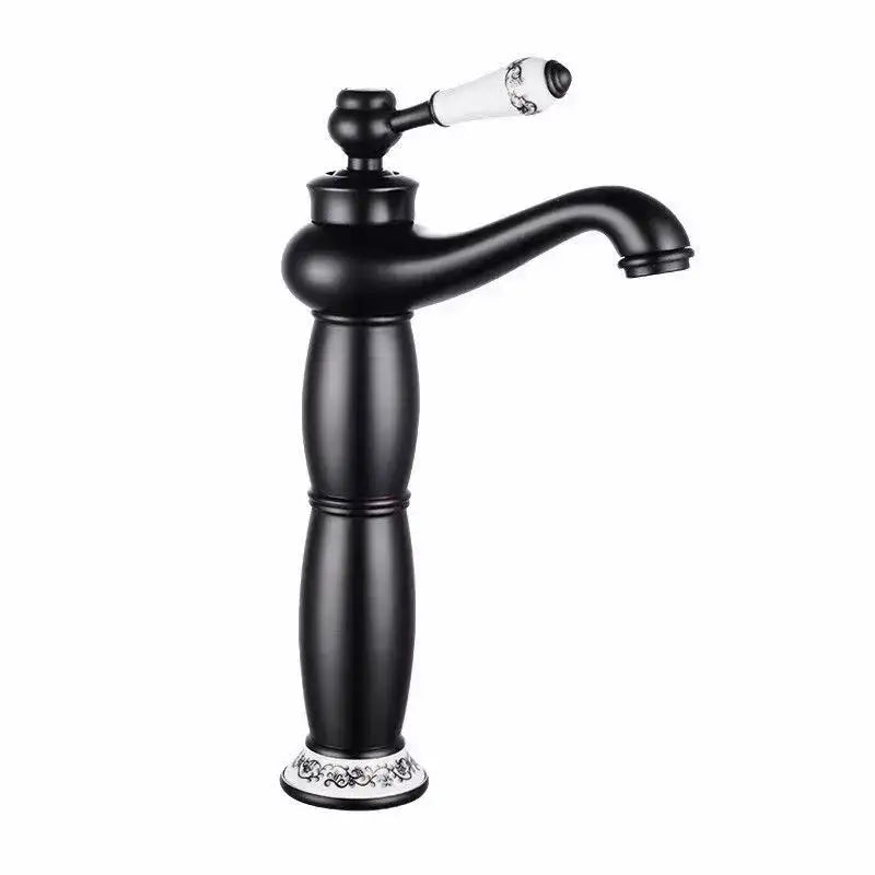 Decorbites antique bronze brass basin faucet with black matte finish white ceramic handle and floral base patterns