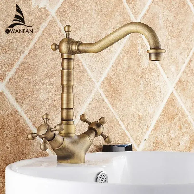 Decorbites antique bronze brass swivel basin faucet with ornate cross handles and curved spout for vintage kitchens