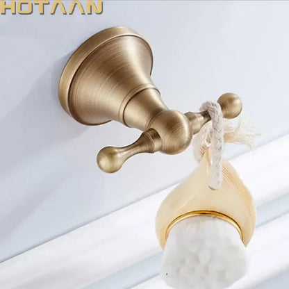 DecorBites antique bronze brass double towel rack with decorative rope and white ceramic soap dish wall hooks