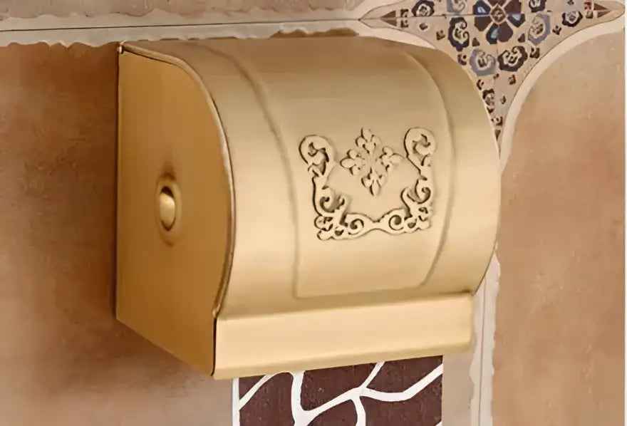 Decorbites™ antique bronze carved aluminum toilet paper holder in gold with ornate floral engraving for bathroom use