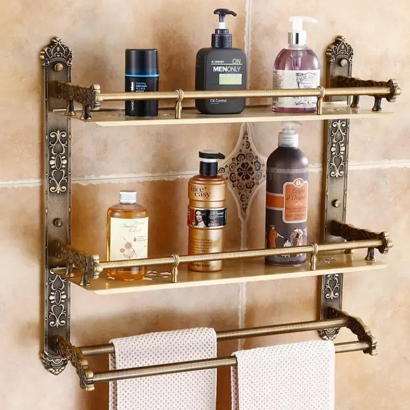 Decorbites antique bronze carved two-tier wall-mounted shelf in bronze carved aluminum with towel rack for bathroom use