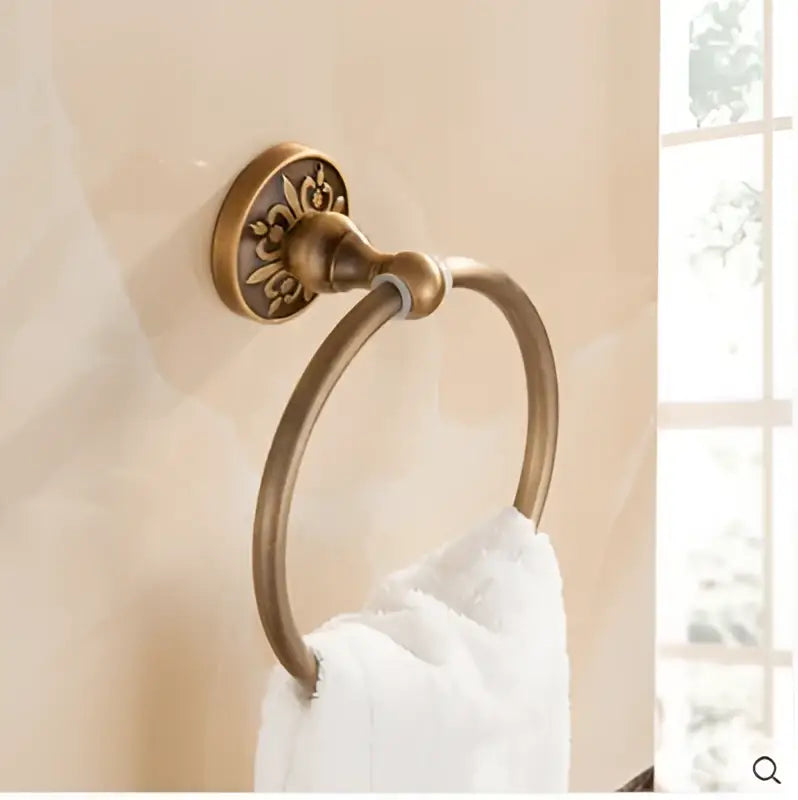 Decorbites antique bronze carved brass towel ring with ornate floral mounting plate in bathroom accessories set