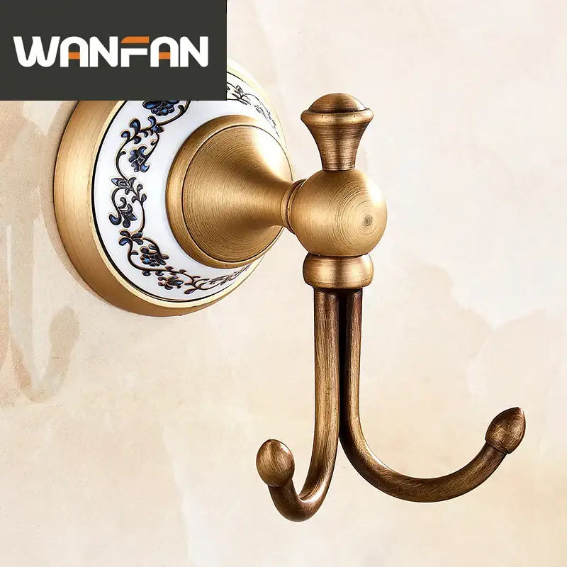 Antique bronze ceramic double robe hook with decorative blue floral ceramic backplate for wall mounting