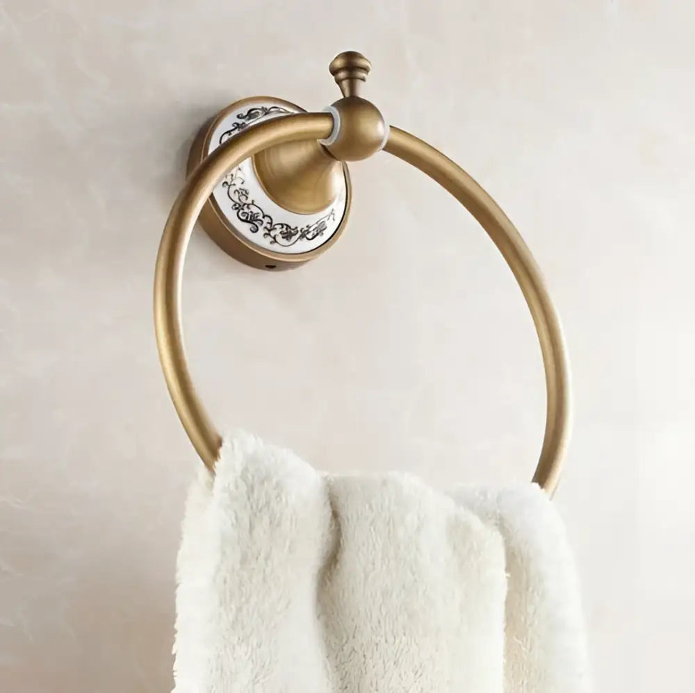 Antiquebronze towel ring with decorative blue and white floral ceramic plate solid brass wall mounted bathroom holder