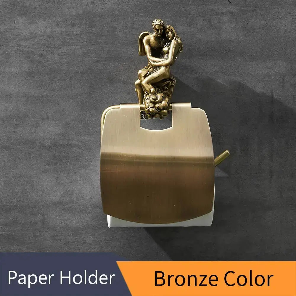 Decorbites antique bronze wall mounted paper holder with bronze sculpted couple embracing atop lid