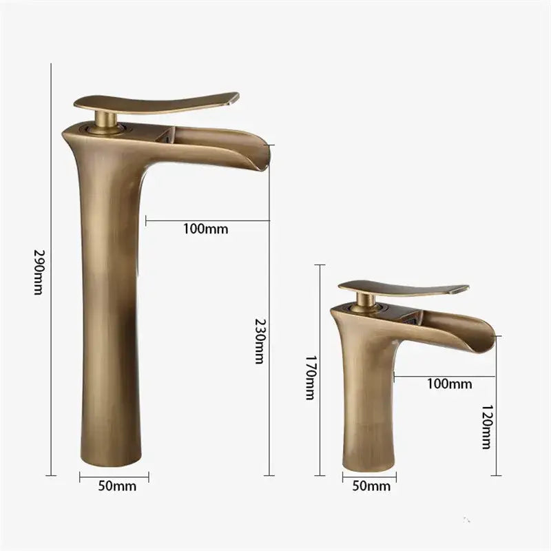 Decorbites antique bronze waterfall bathroom faucet with brass-finished minimalist design and integrated handles