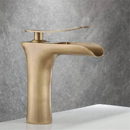 DecorBites antique bronze waterfall bathroom faucet with brass finish sleek curved spout and hot cold mixer tap
