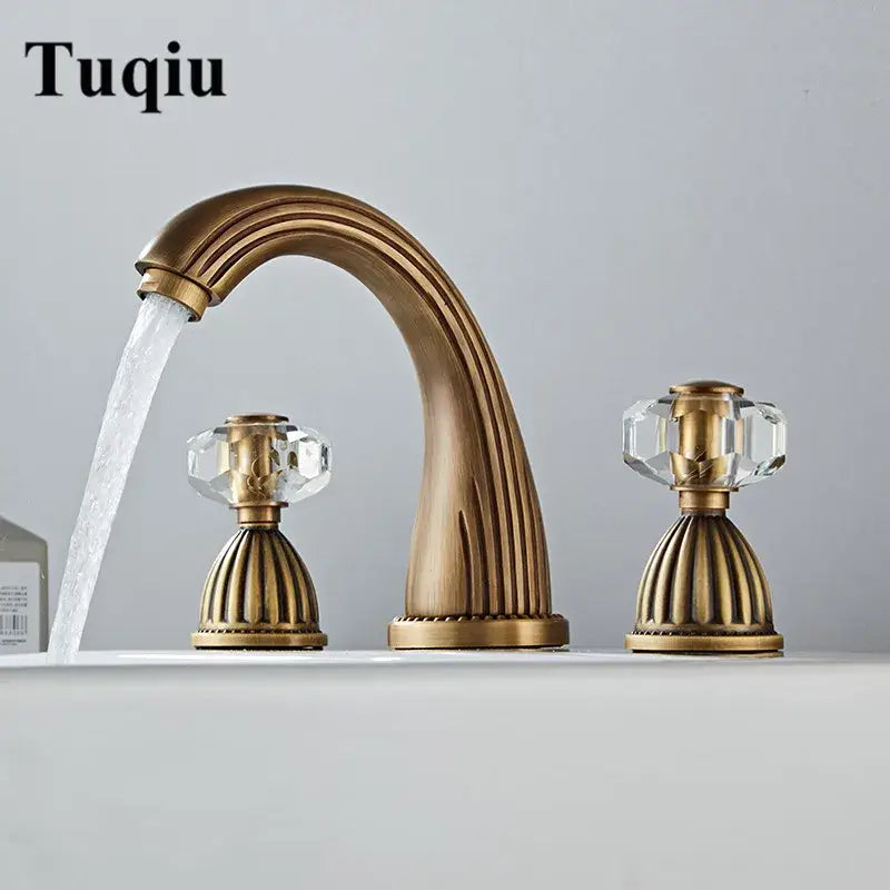 DecorBites antique bronze widespread basin faucet with crystal knob handles and curved spout for bathroom use
