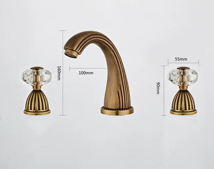 Decorbites antique bronze widespread basin faucet with antique brass finish, crystal knob handles, and curved spout