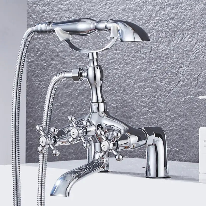 Decorbites antique chrome bathtub shower mixer faucet tap set with three cross-handle knobs and detachable showerhead