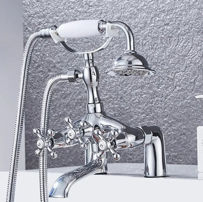 DecorBites antique chrome bathtub shower mixer faucet with chrome finish white ceramic handle and cross-shaped knobs