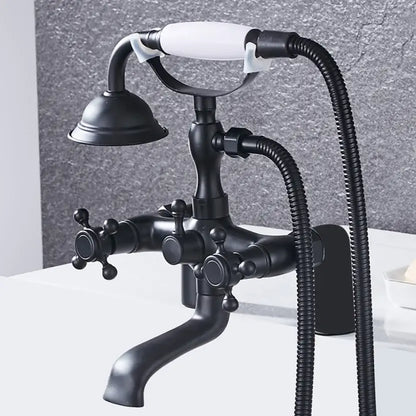 Black matte-finished bathtub shower mixer faucet with white ceramic handle and flexible hose for chrome bathtub shower use