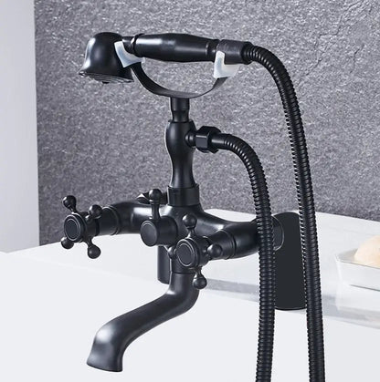 Black matte vintage-style bathtub shower mixer faucet with three cross handles and flexible hose for chrome bathtub shower use