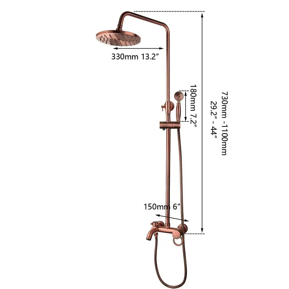 Decorbites antique copper shower set with round rainhead hand shower and adjustable height settings