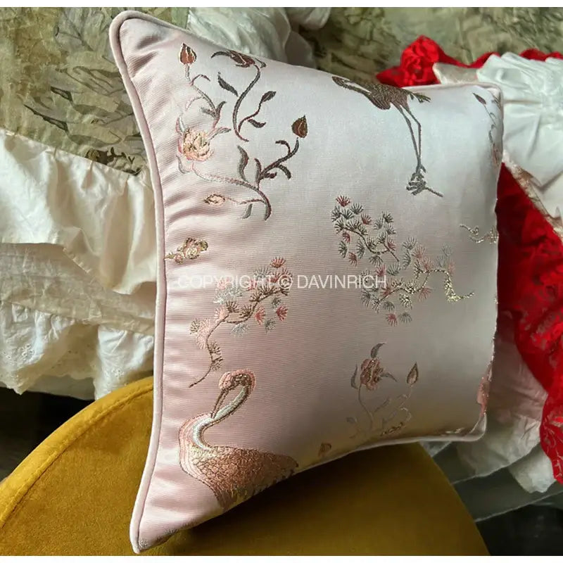 DecorBites antique crane floral jacquard pillow case in pink satin with gold and rose embroidery for luxury decor