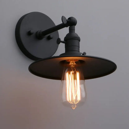 Decorbites antique finish black wrought iron industrial wall sconce with vintage edison bulb and flat shade