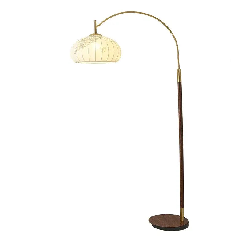 DecorBites™ antique fishing floor lamp with warm brass arch, dark wood base, and floral paper shade for living room