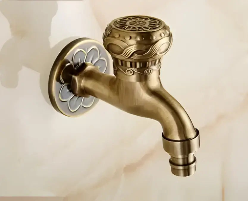 Decorbites antique garden bibcocks tap in brass with intricate floral detailing for outdoor washing and bathroom use