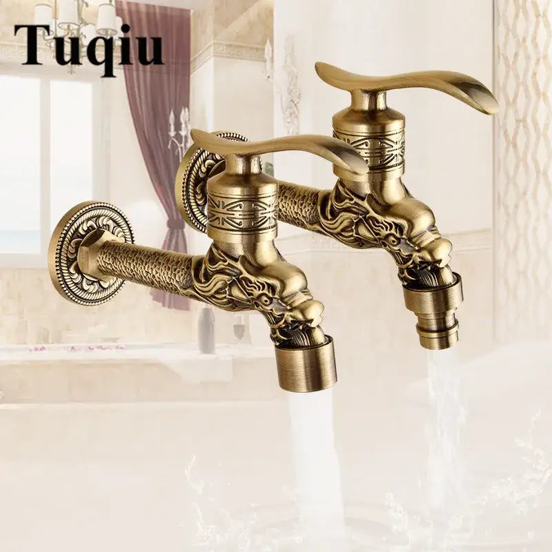 Decorbites™ antique garden bibcocks brass dragon-themed wall-mounted faucet with ornate detailing for outdoor use