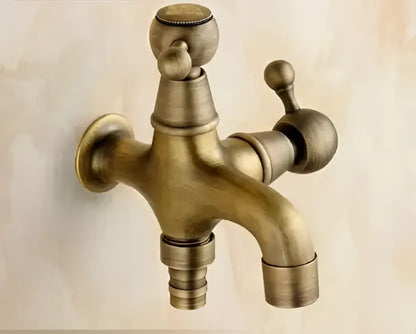 DecorBites™ antique garden bibcocks tap in brass with dual handles and two spouts for outdoor washing and bathroom use